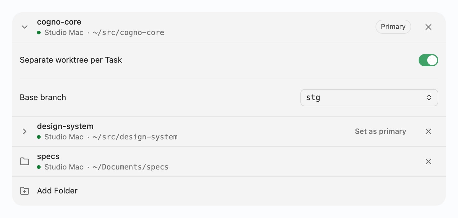 Project source folders listing three folders, the first marked Primary, each with a base branch