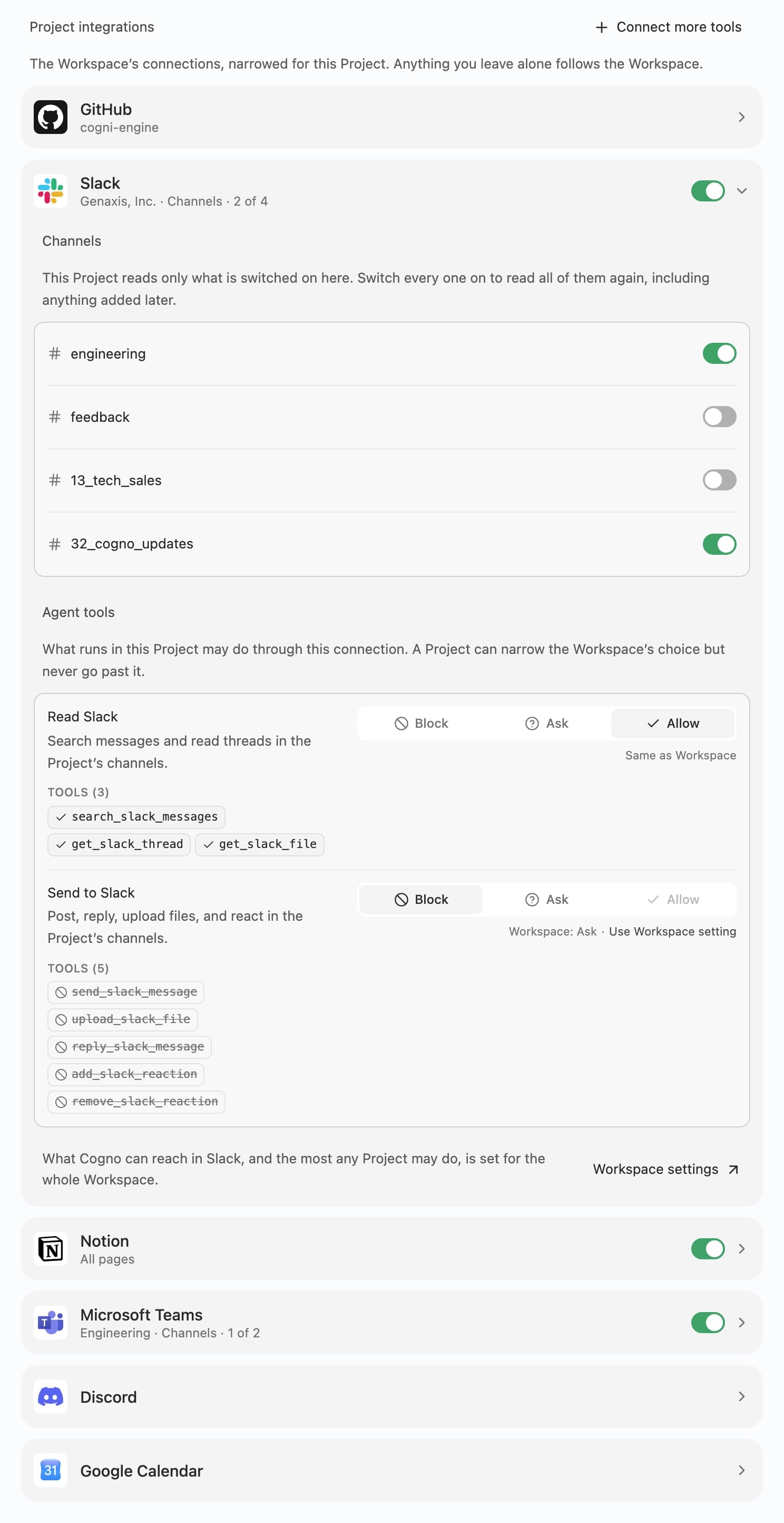 Project integration settings showing a connection with Use in this Project, channel selection, and Agent tools set to Same as Workspace