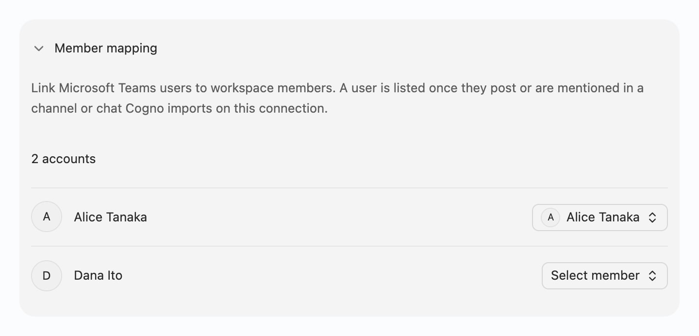 Microsoft Teams member mapping listing Teams users each linked to a Workspace member