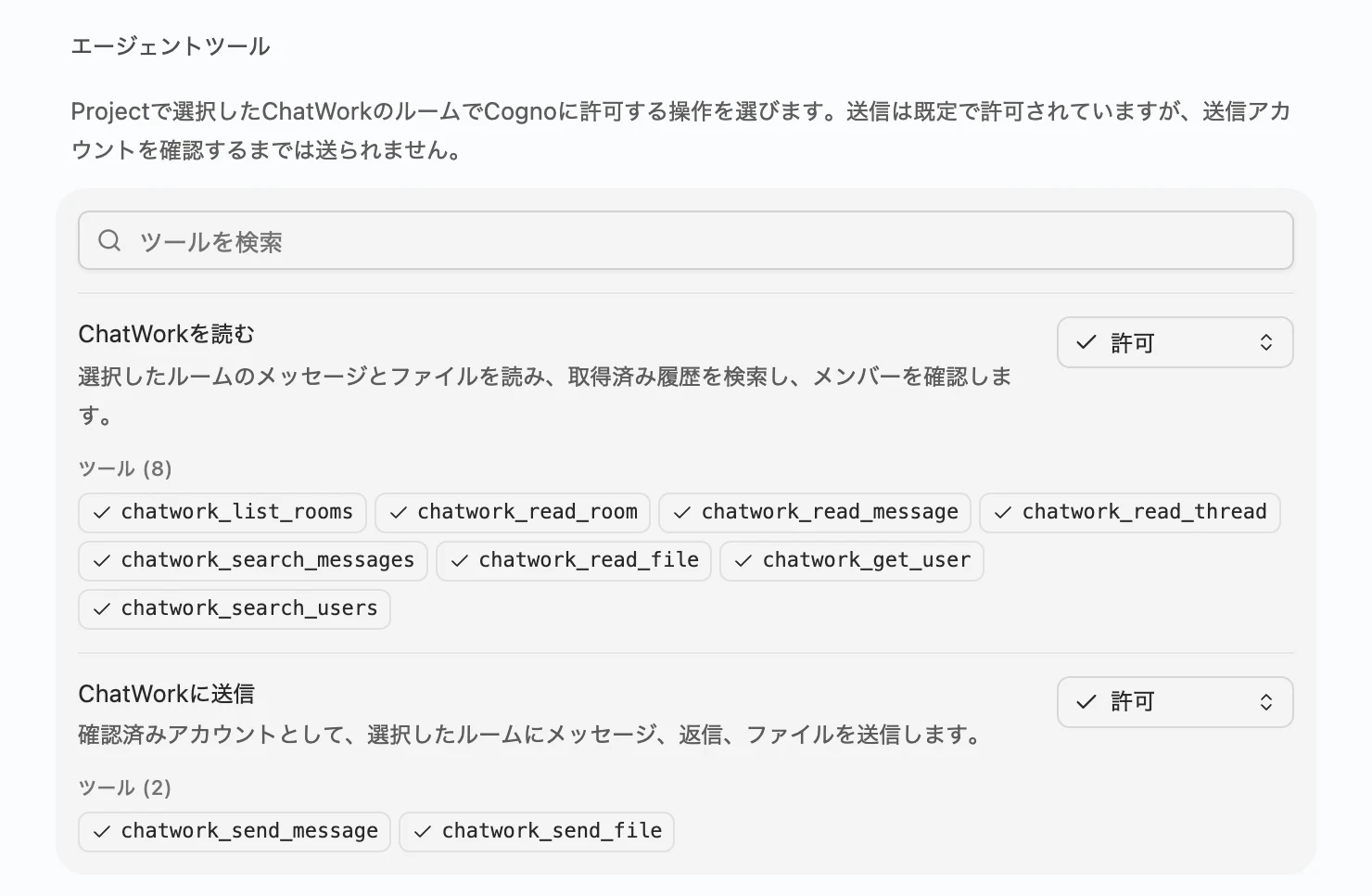 エージェントツールでChatWorkを読むとChatWorkに送信がどちらも許可になっている状態