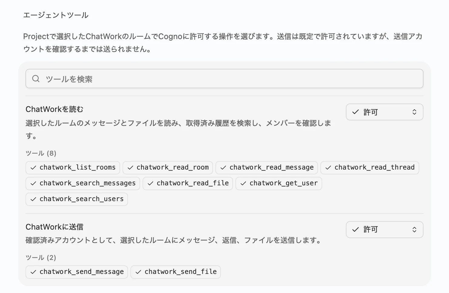 エージェントツールでChatWorkを読むとChatWorkに送信がどちらも許可になっている状態