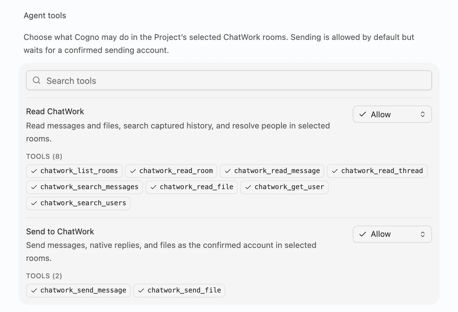 Agent tools with Read ChatWork and Send to ChatWork both set to Allow