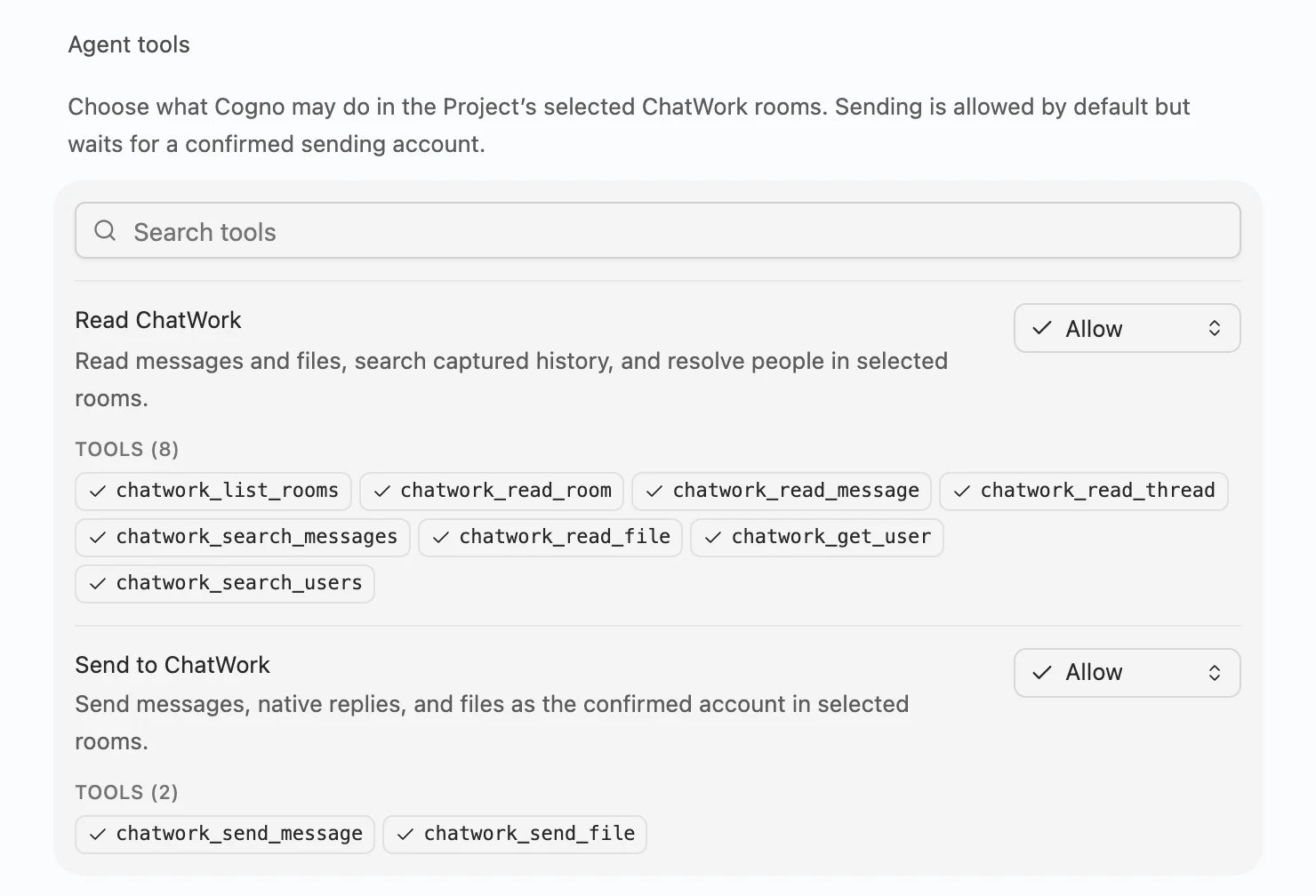 Agent tools with Read ChatWork and Send to ChatWork both set to Allow