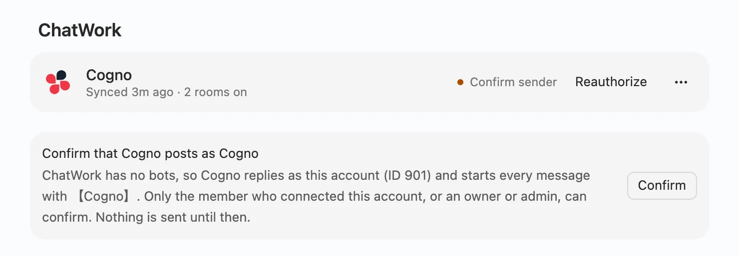 The ChatWork integration page showing Confirm sender and the card with the Confirm button