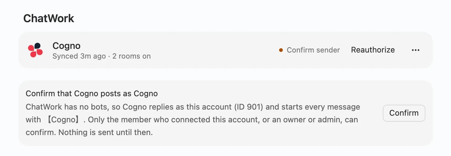 The ChatWork integration page showing Confirm sender and the card with the Confirm button