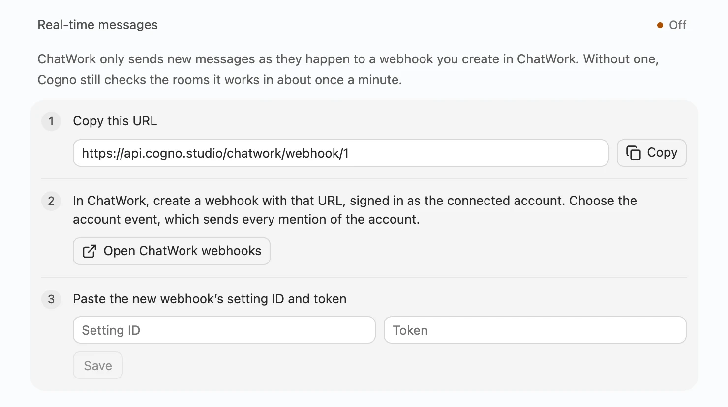 Real-time messages section with three steps: copy the URL, open ChatWork webhooks, paste the setting ID and token