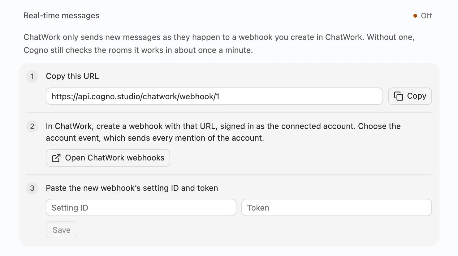 Real-time messages section with three steps: copy the URL, open ChatWork webhooks, paste the setting ID and token