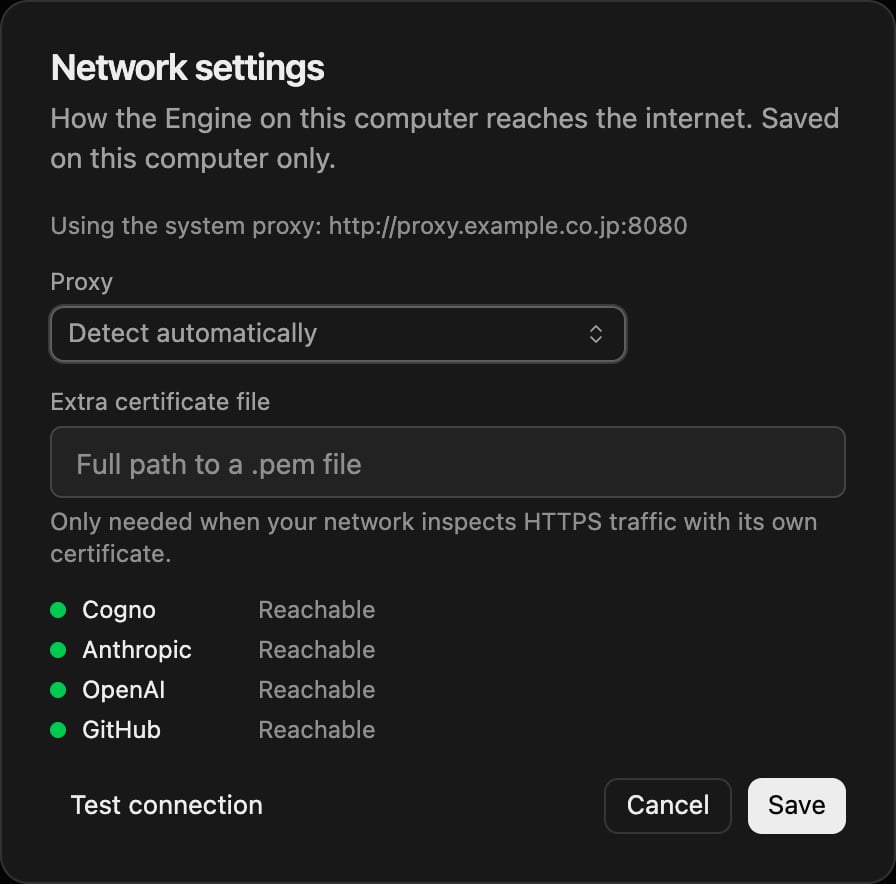 Network settings dialog showing the detected system proxy and reachable hosts