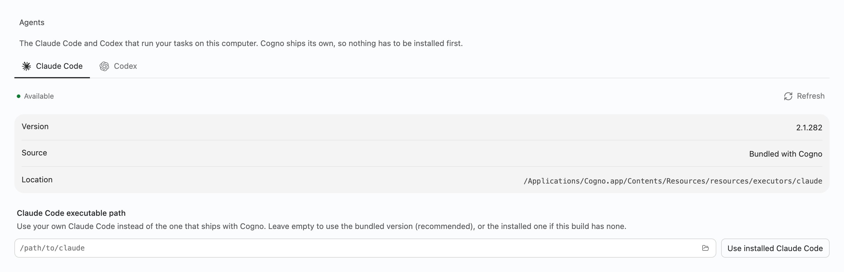 Agents settings with Claude Code Available, version 2.1.282, source Bundled with Cogno, and an executable path field