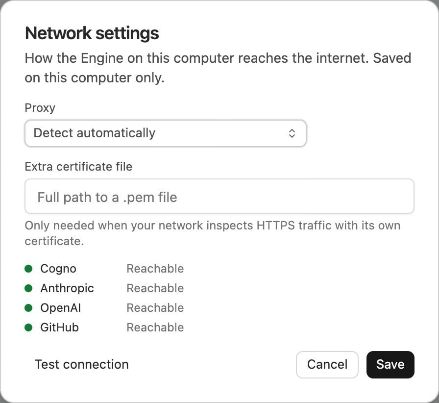 Network settings using the system proxy, Proxy set to Detect automatically, and Cogno, Anthropic, OpenAI, and GitHub all Reachable