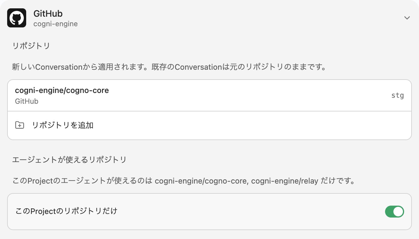 Project設定のGitHubカード。このProjectのリポジトリだけがオンで、2つのリポジトリに絞られている