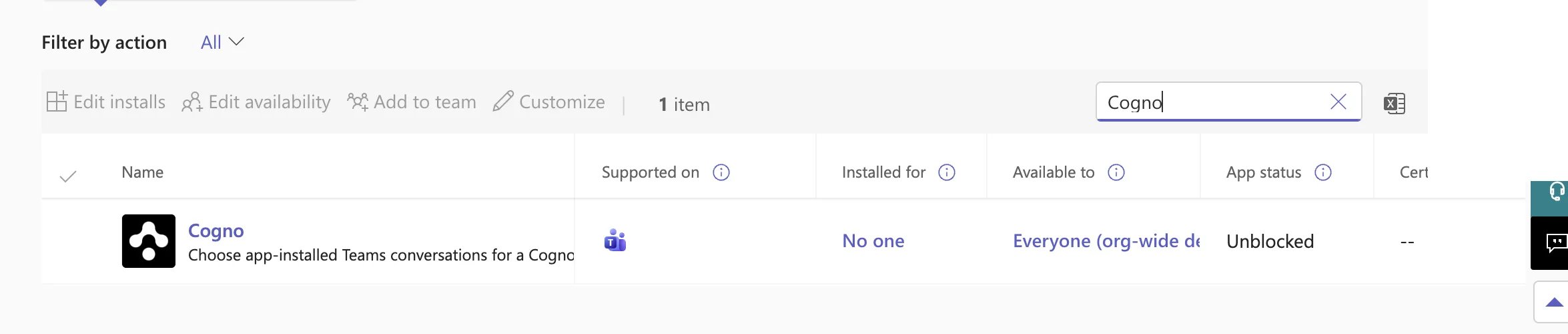 Microsoft Teams admin center showing the Cogno app as supported on Teams and unblocked