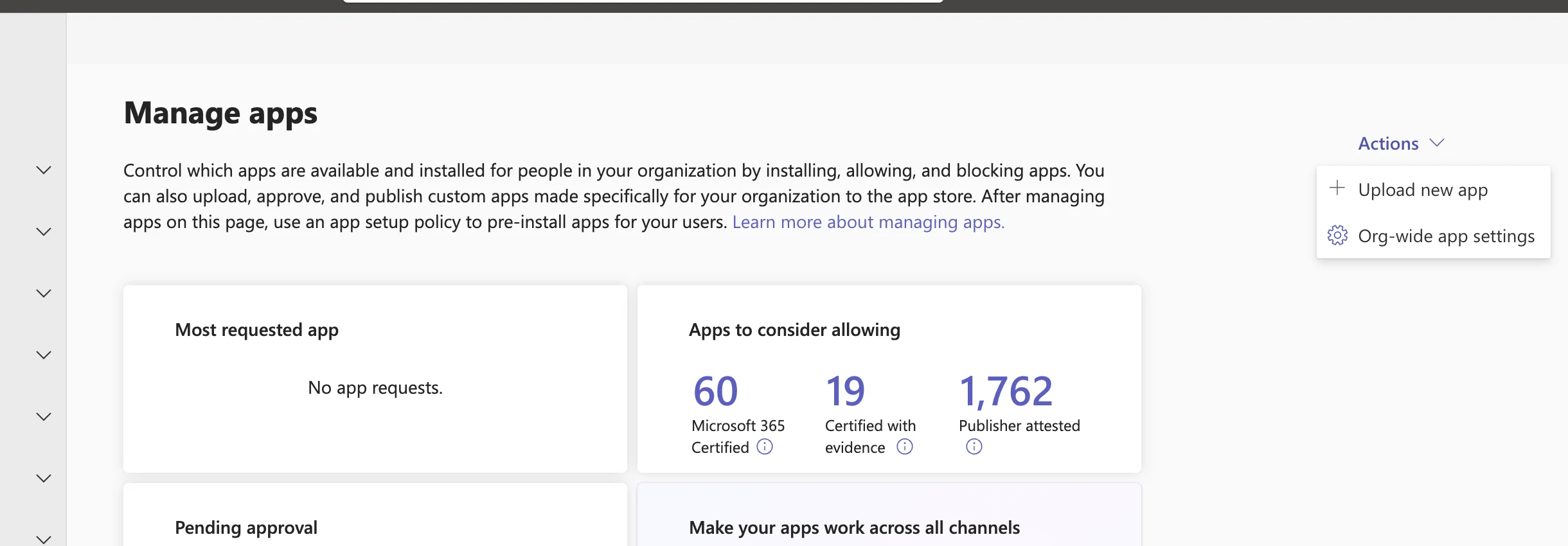 Microsoft Teams admin center Manage apps page with Actions menu and Upload new app option