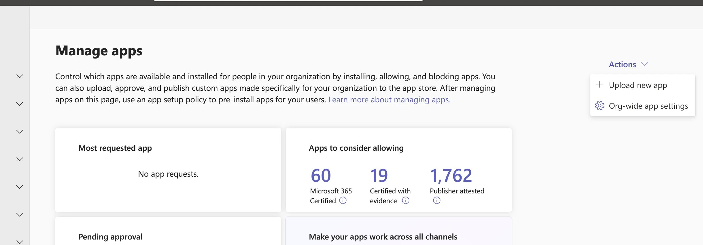 Microsoft Teams admin center Manage apps page with Actions menu and Upload new app option