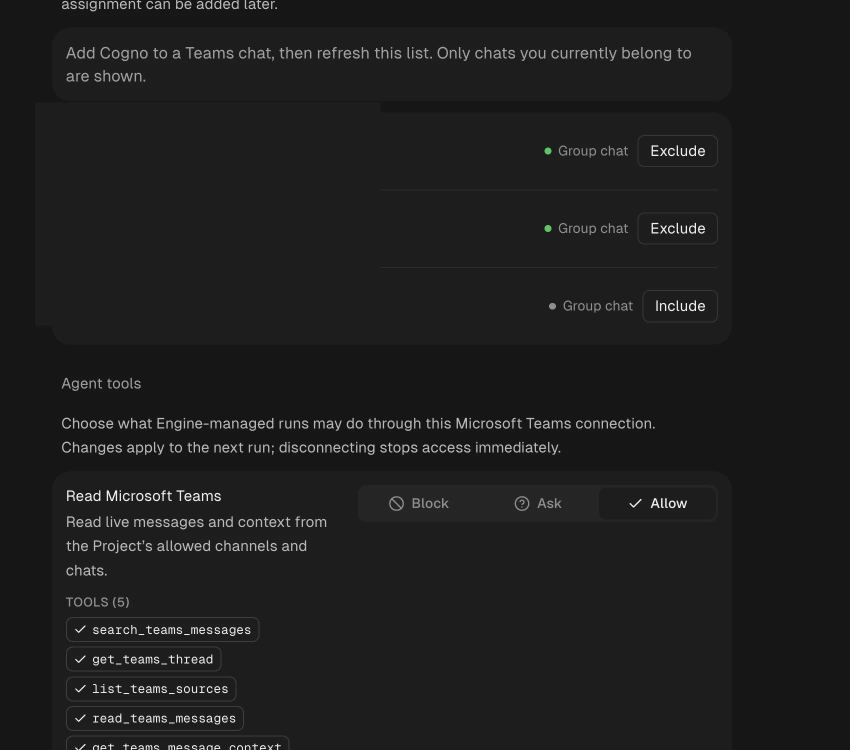Cogno Microsoft Teams settings showing Include and Exclude controls for eligible chats and all five agent read tools, with chat names redacted