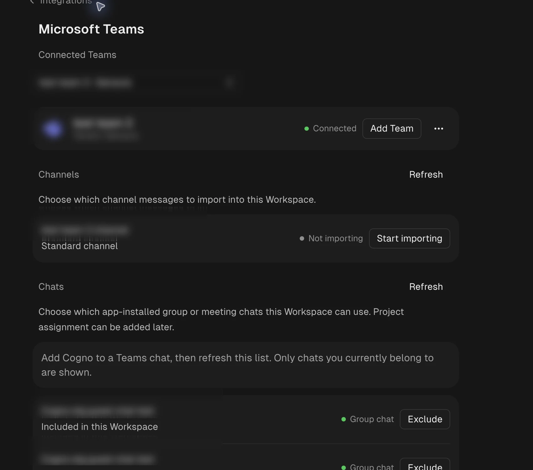 Cogno Microsoft Teams settings showing a connected Team, channel import controls, and eligible chats with identifying names redacted