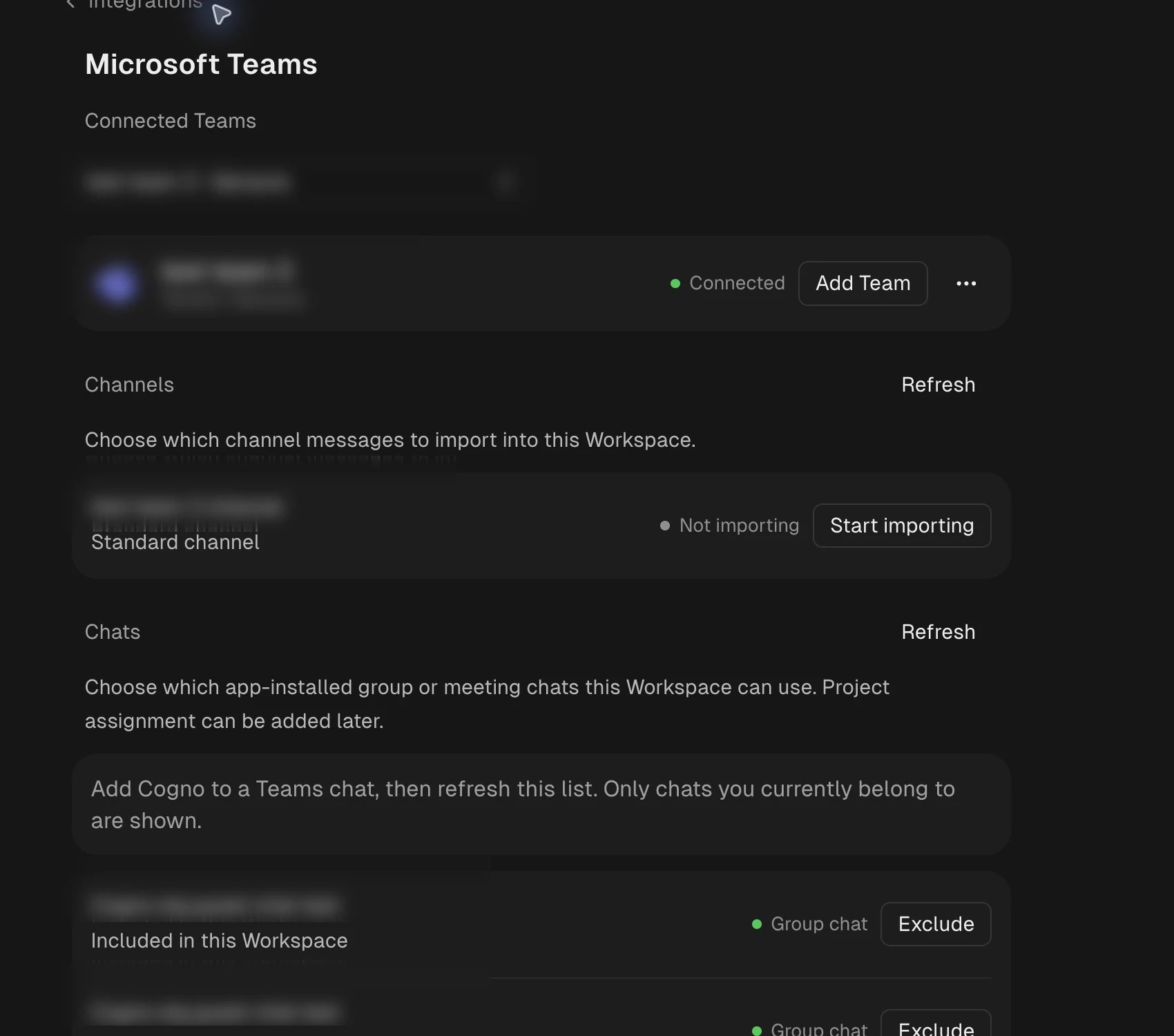 Cogno Microsoft Teams settings showing a connected Team, channel import controls, and eligible chats with identifying names redacted
