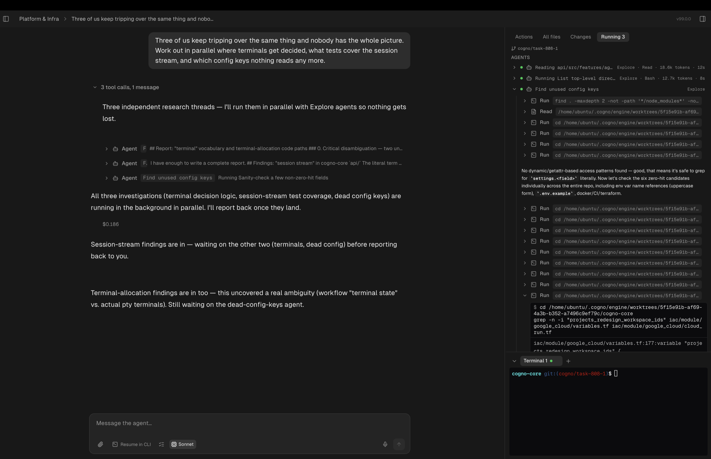 Three sub-agents listed under Agents in the Running panel, one expanded to show its commands