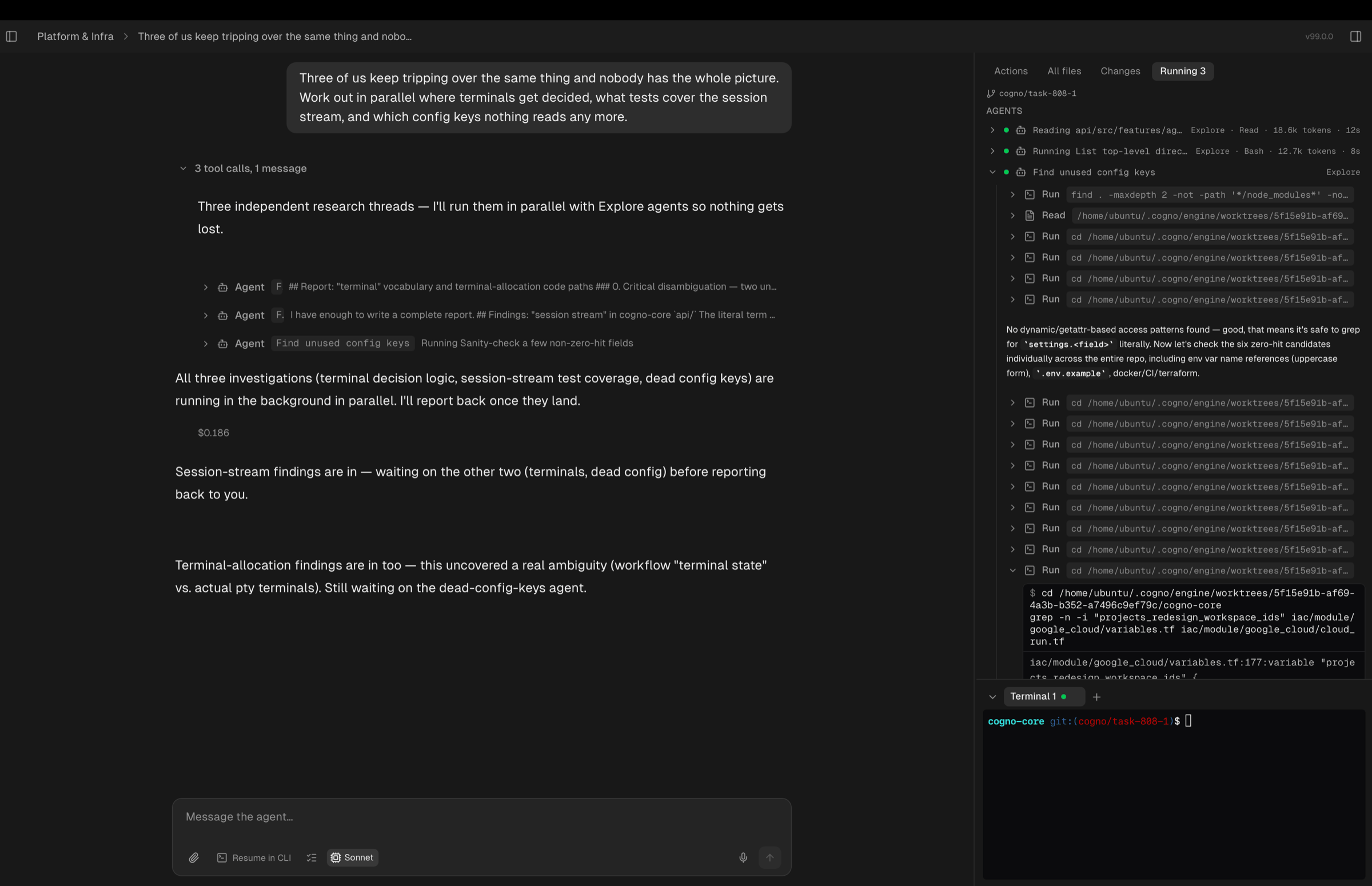Three sub-agents listed under Agents in the Running panel, one expanded to show its commands