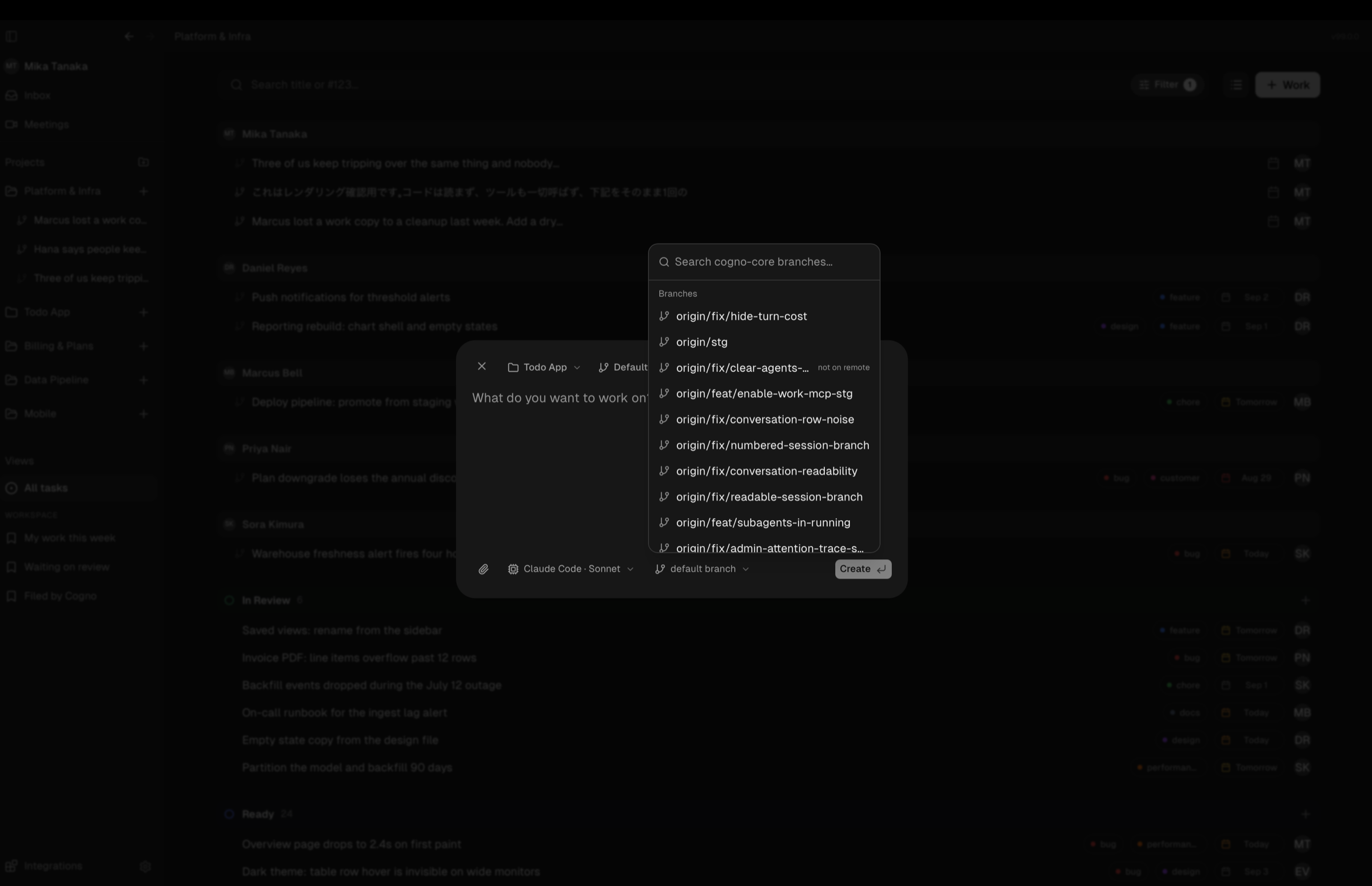 The base branch picker with a search box and the repository branches listed below it