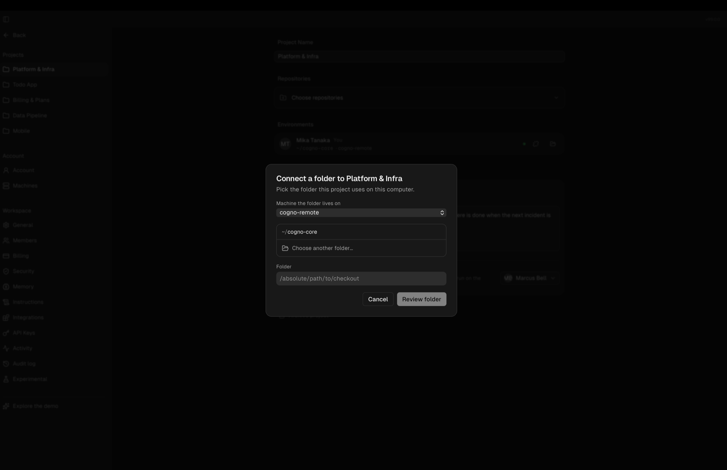 The Connect a folder dialog: a machine to place the Project on, and the folder it will use