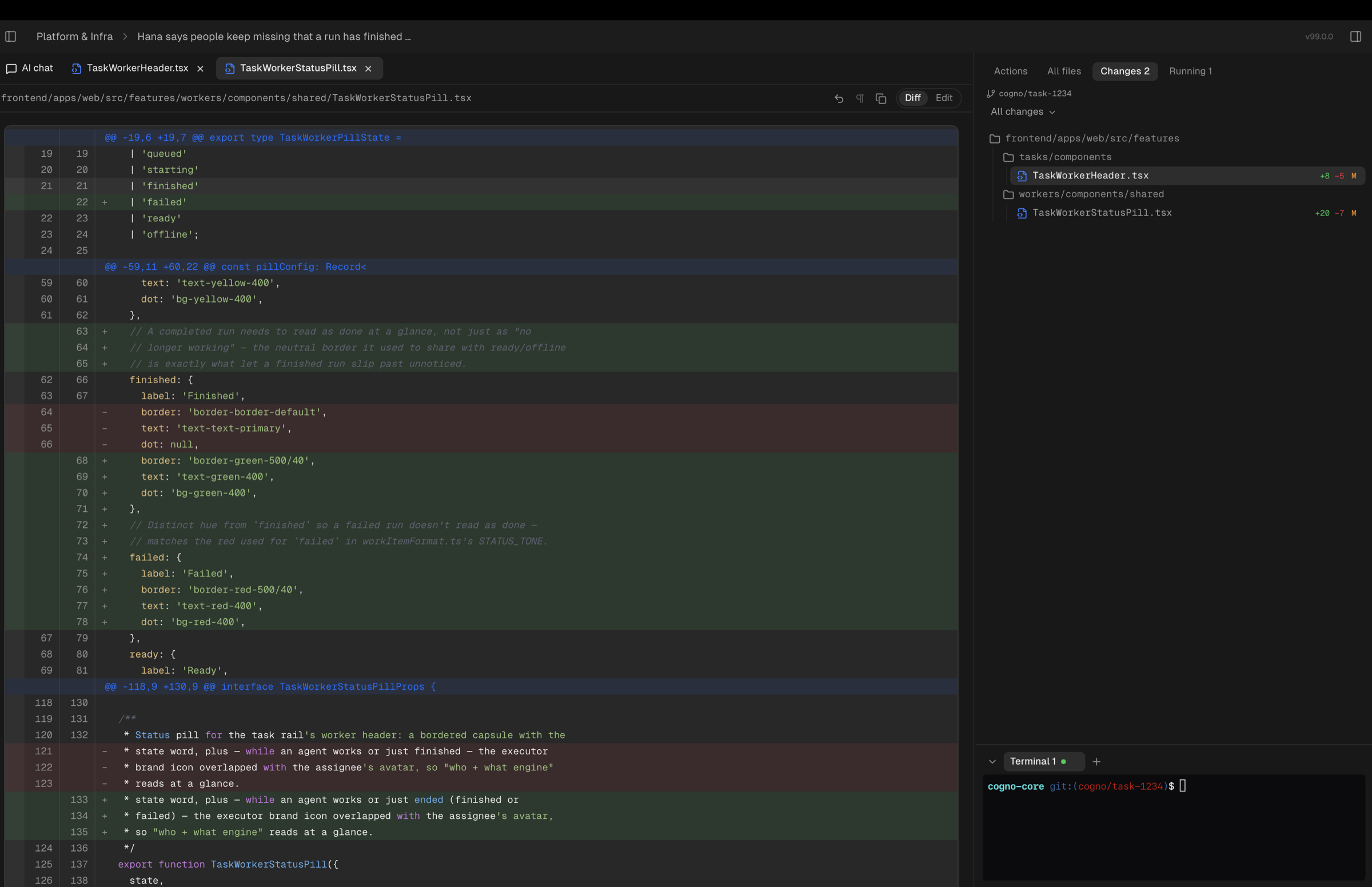 The work surface with file tabs open beside the conversation, the Changes count, and a terminal
