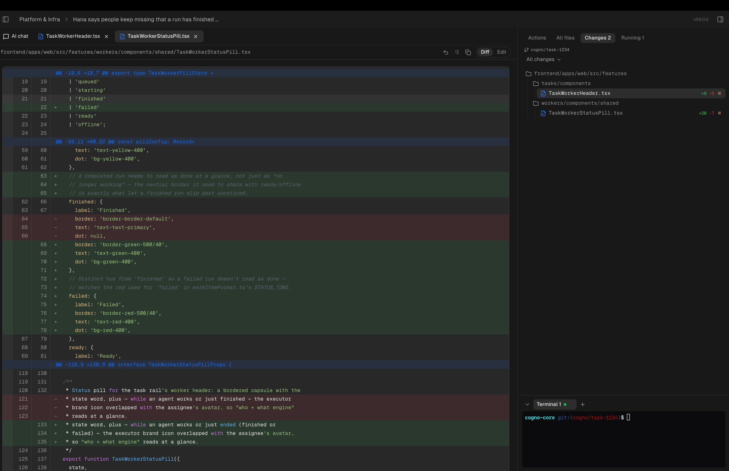 The work surface with file tabs open beside the conversation, the Changes count, and a terminal