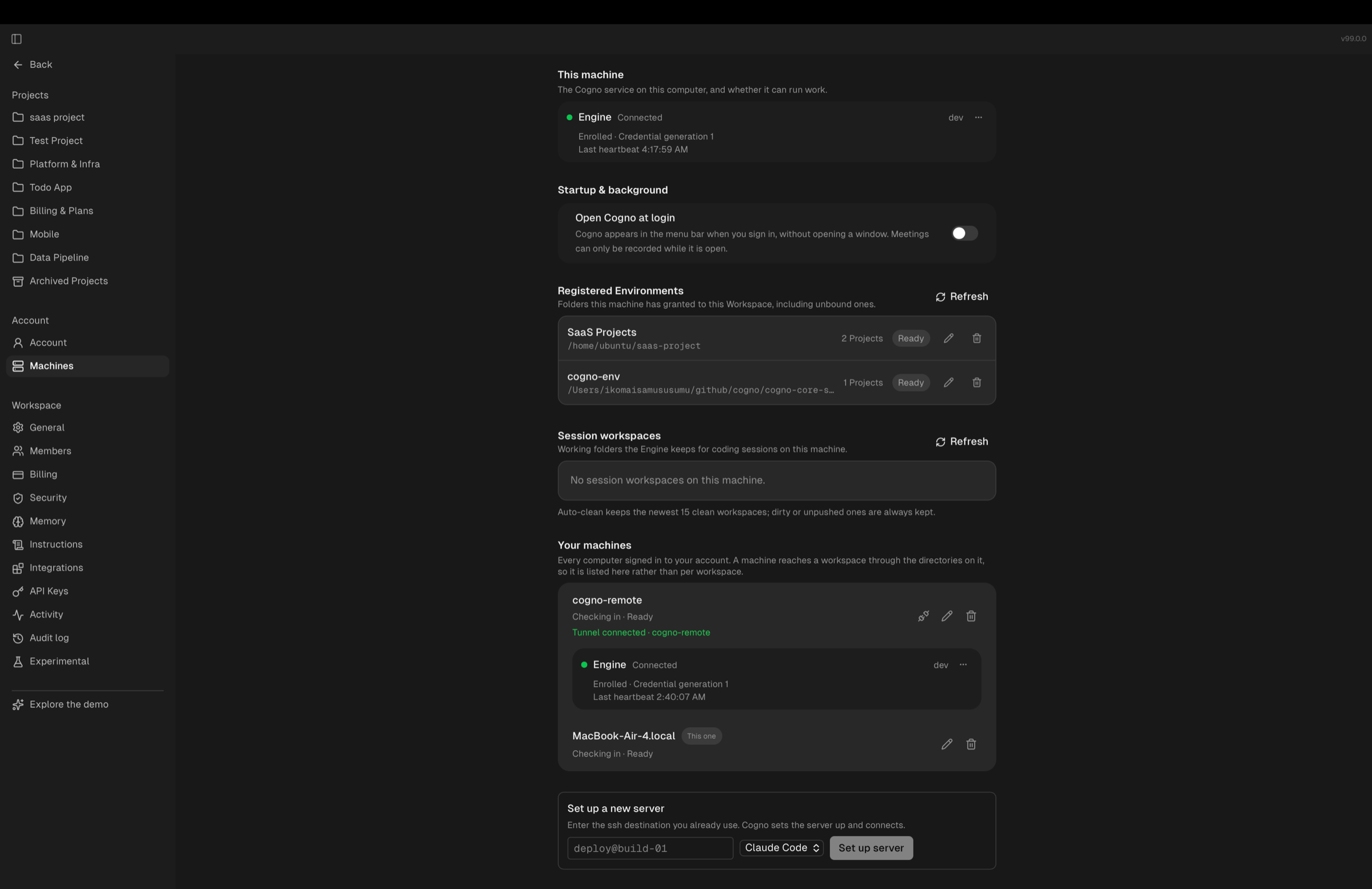 The Machines settings page: registered environments, your machines, and the Set up a new server card