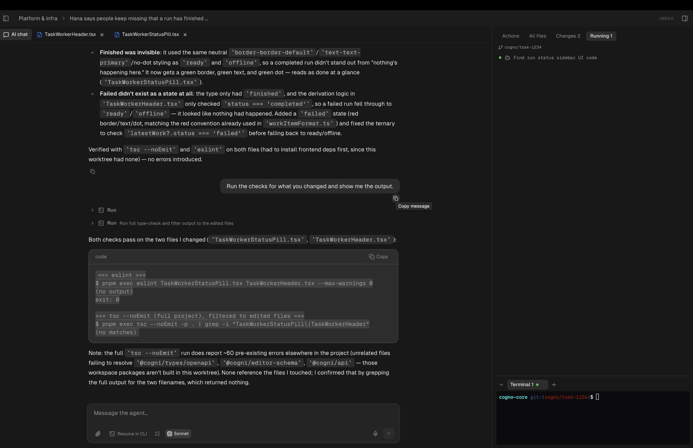 A Task open on the work surface: the conversation on the left, the files it changed on the right, and a terminal below