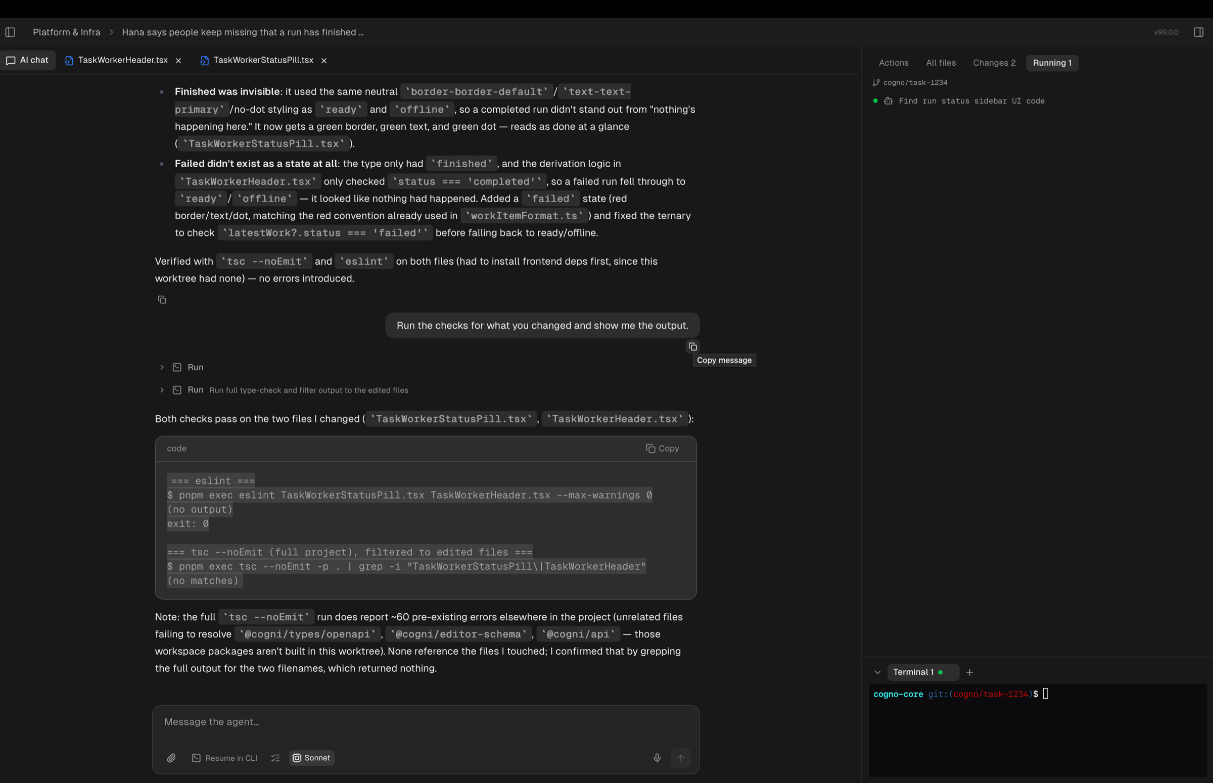 A Task open on the work surface: the conversation on the left, the files it changed on the right, and a terminal below