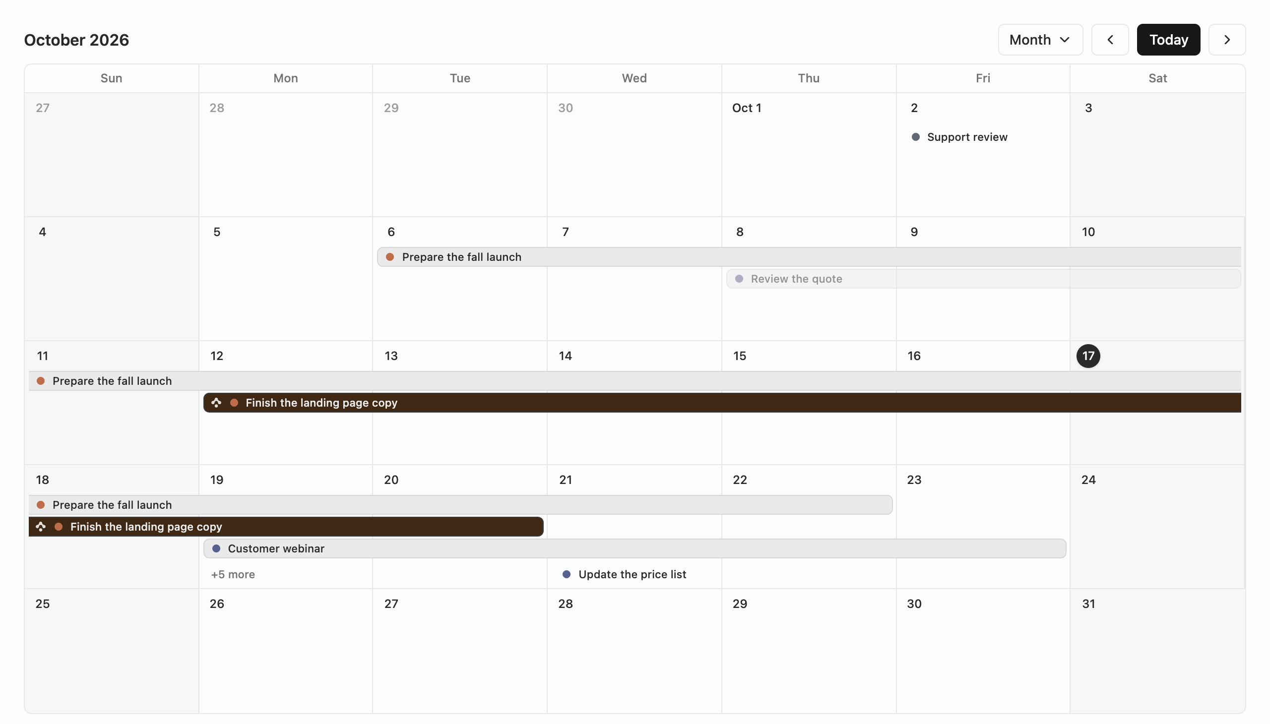 A month calendar for October 2026 with Tasks shown as bars across several days