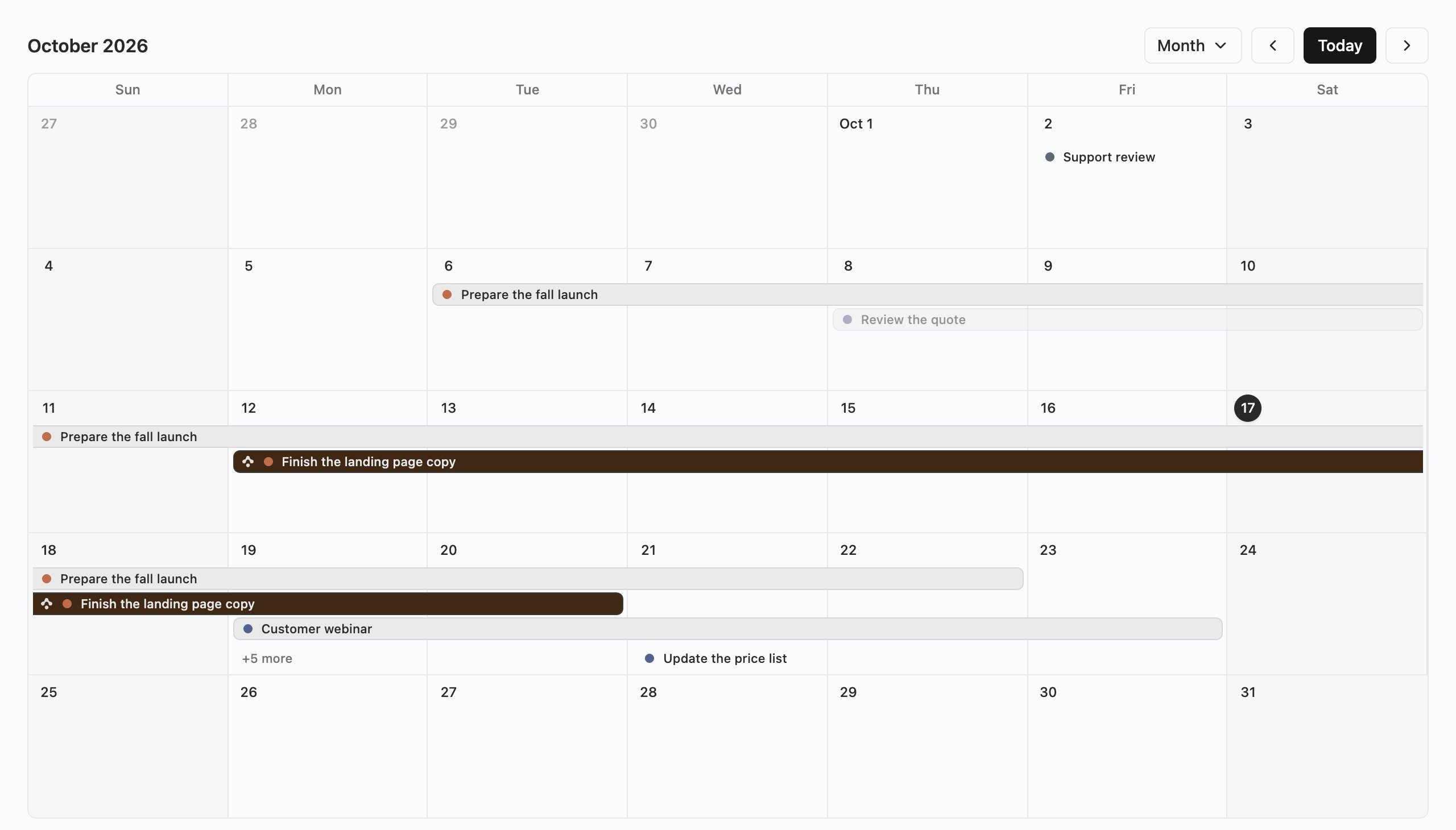 A month calendar for October 2026 with Tasks shown as bars across several days
