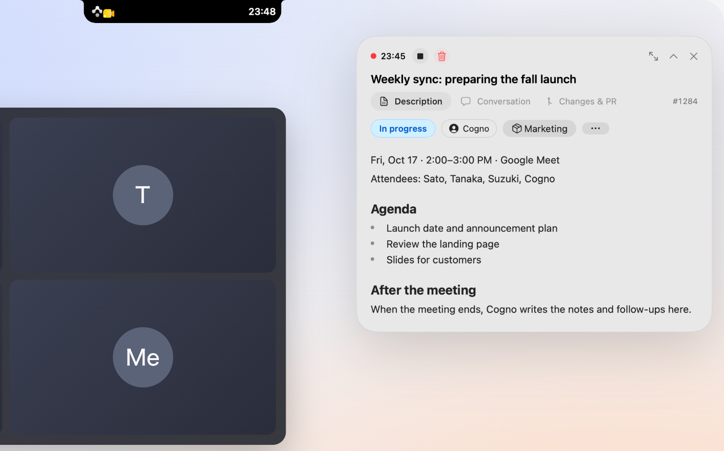 A Mac screen during a video call: a black island beside the notch shows the recording time, and a small window at the top right shows the meeting's notes Task with Finish and Discard buttons