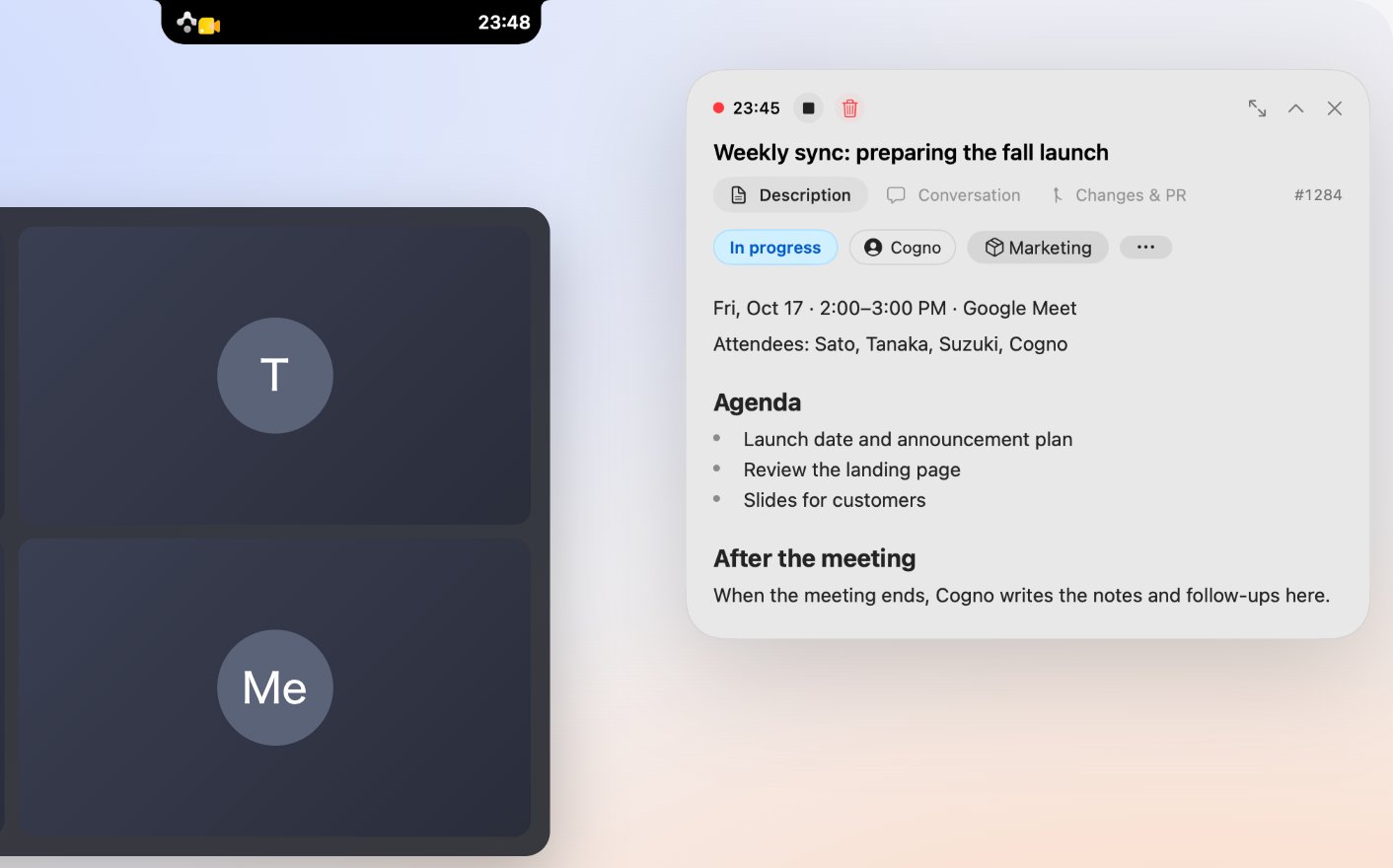 A Mac screen during a video call: a black island beside the notch shows the recording time, and a small window at the top right shows the meeting's notes Task with Finish and Discard buttons
