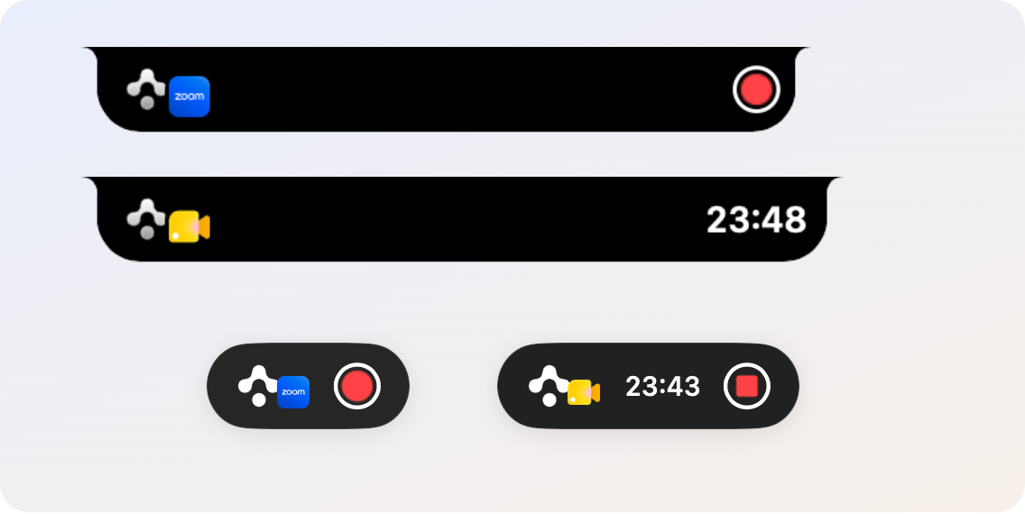 The island beside the notch with the Zoom icon and a red record button, the island showing a running timer, and on a Mac without a notch the same two states as capsules