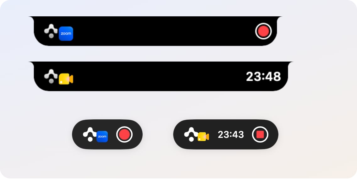 The island beside the notch with the Zoom icon and a red record button, the island showing a running timer, and on a Mac without a notch the same two states as capsules