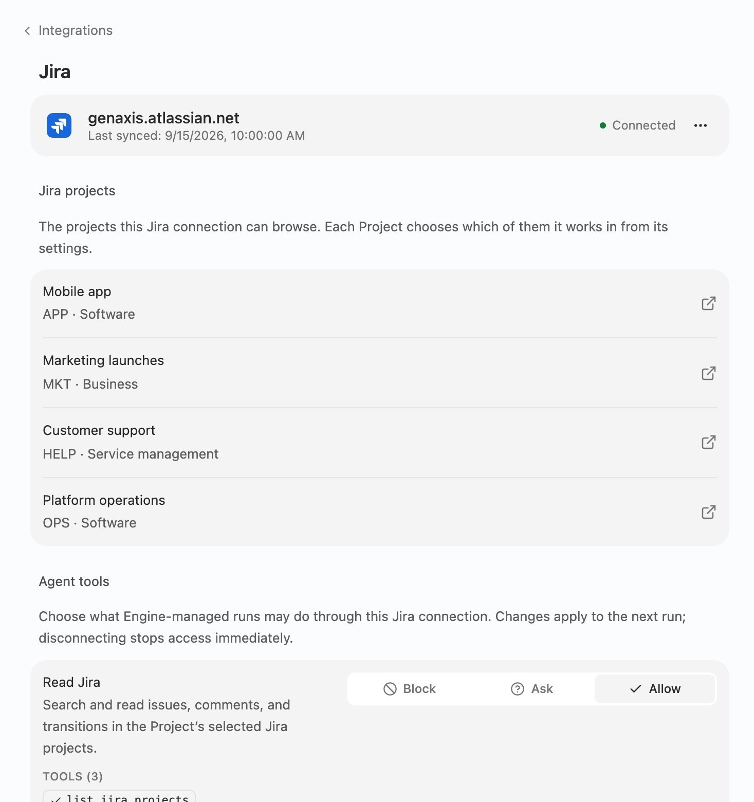 接続済みのAtlassianサイトと4つのJiraプロジェクト、Read Jira が Allow、Write to Jira が Block のJira連携画面