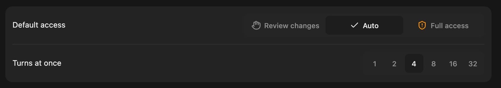 Default access set to Auto, with Review changes and Full access as the other choices, and Turns at once set to 4