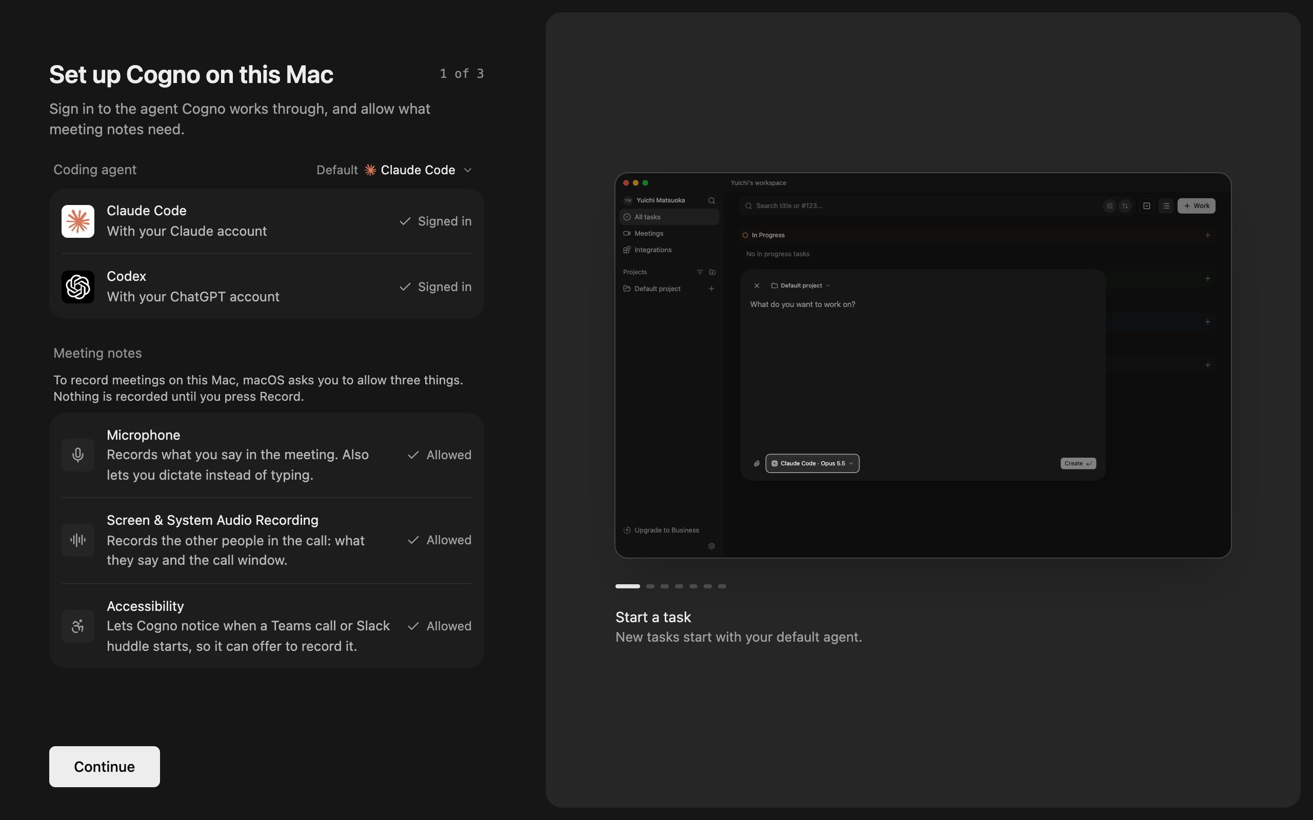 Set up Cogno on this Mac, step 1 of 3, with Claude Code and Codex signed in, Default set to Claude Code, and Microphone, Screen & System Audio Recording, and Accessibility allowed
