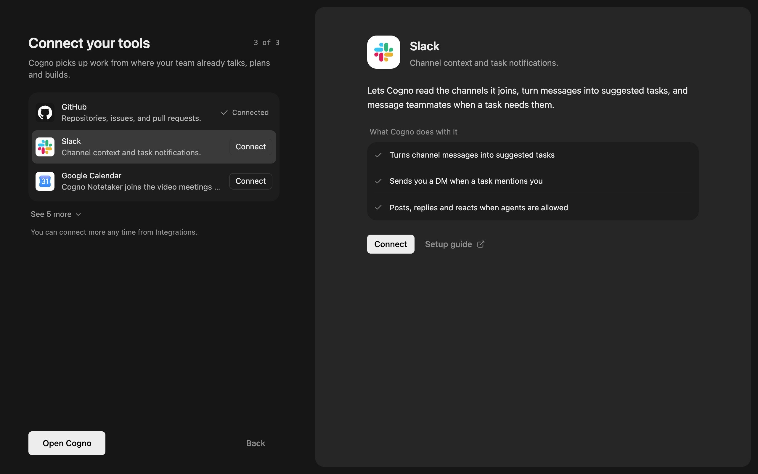 Connect your tools, step 3 of 3, with GitHub connected and Slack selected, showing What Cogno does with it and a Connect button