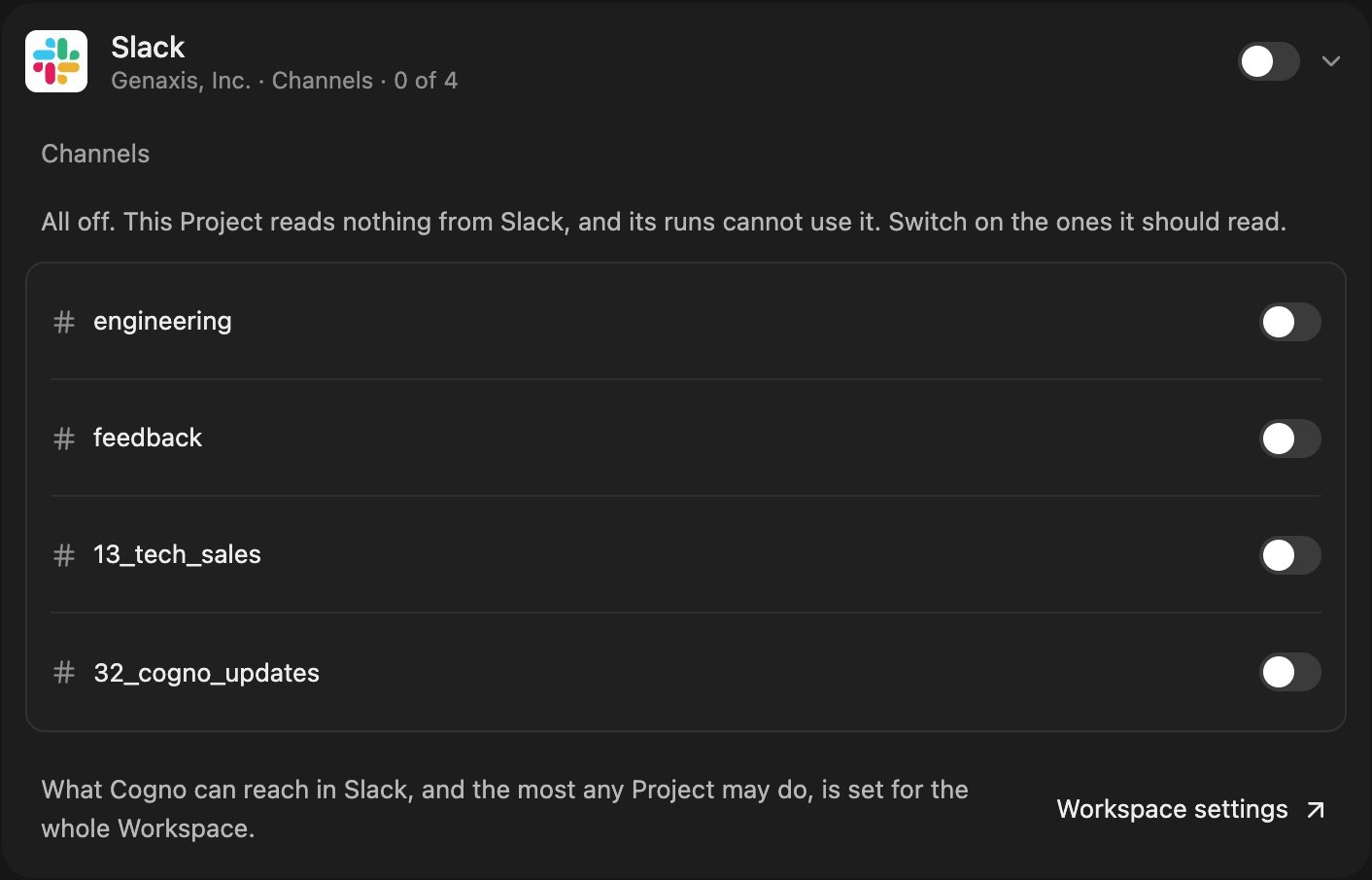 Slack card in Project settings with the switch off, Channels 0 of 4, and every channel listed with its own switch