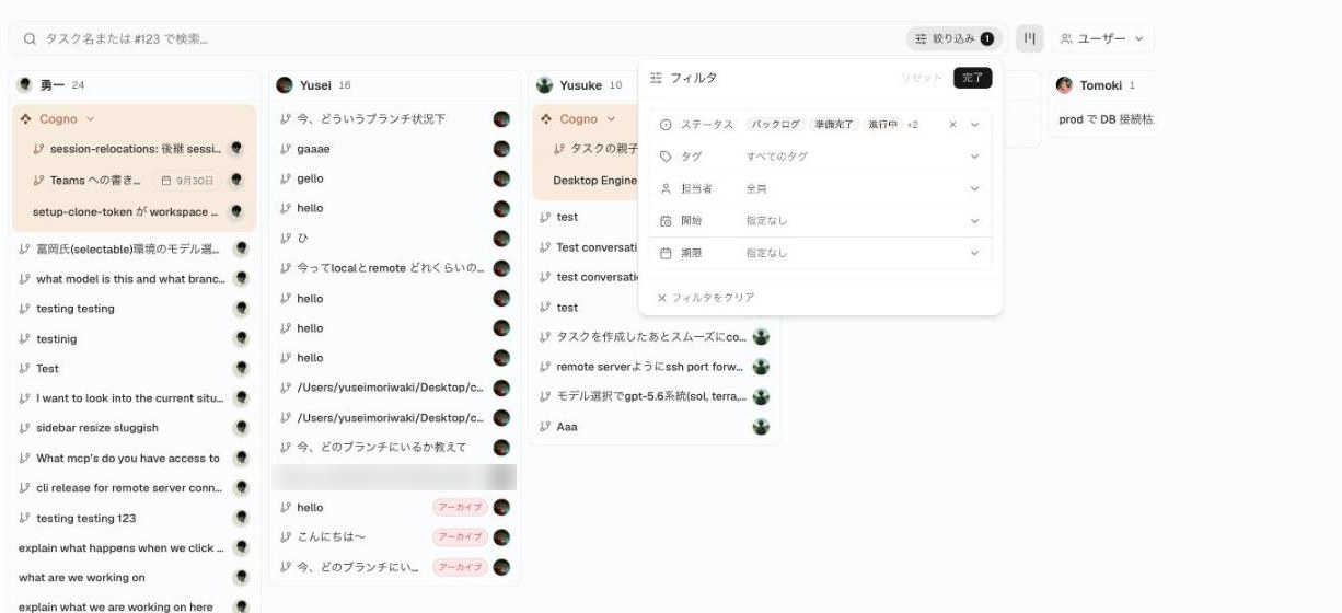 The filter popover over the Board view with status, tag, assignee, start, and due controls