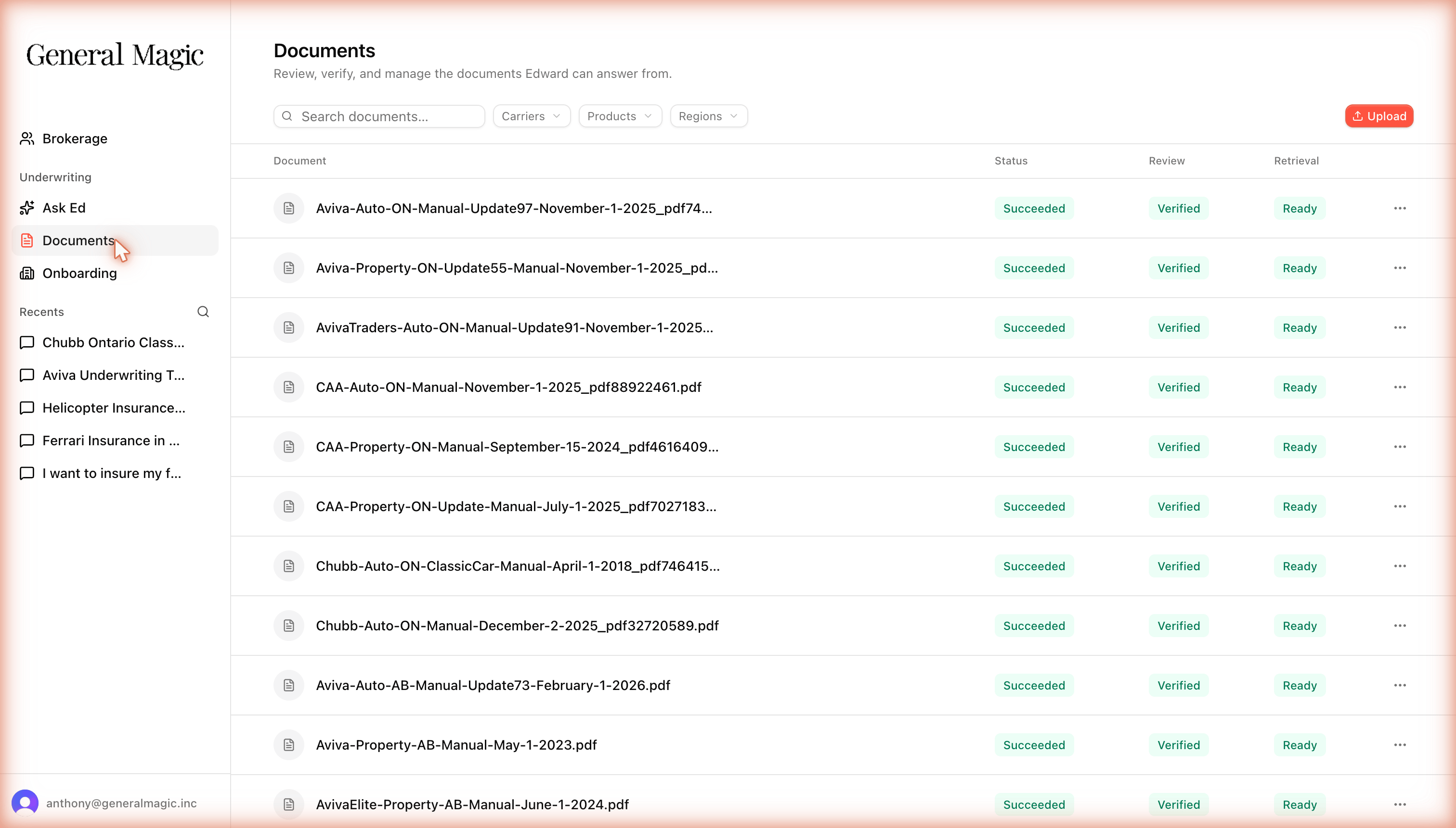 The Edward Documents screen listing carrier manuals with Status, Review, and Retrieval columns