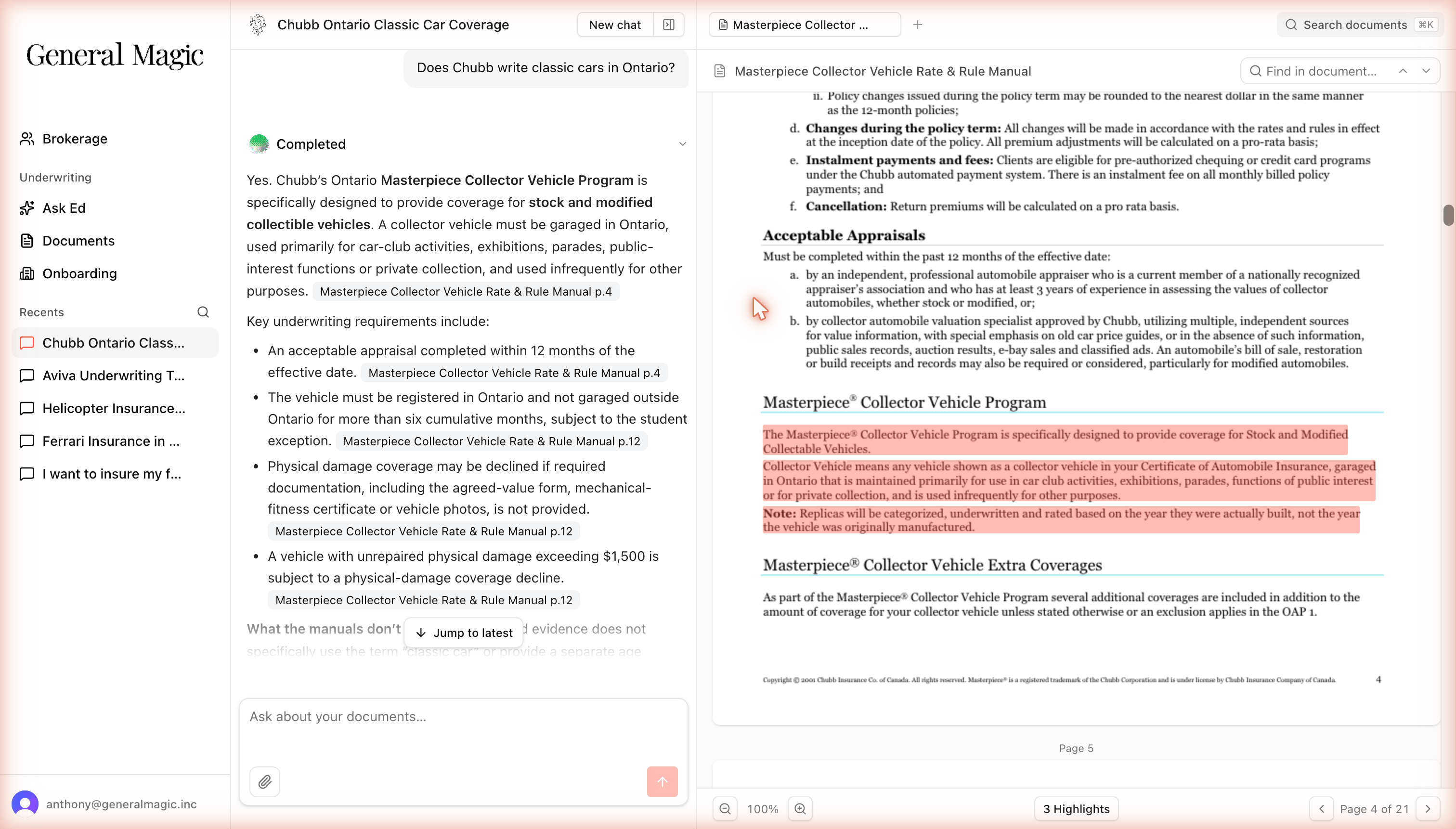 An Edward answer about Chubb classic-car coverage next to the source manual page, with the cited passages highlighted