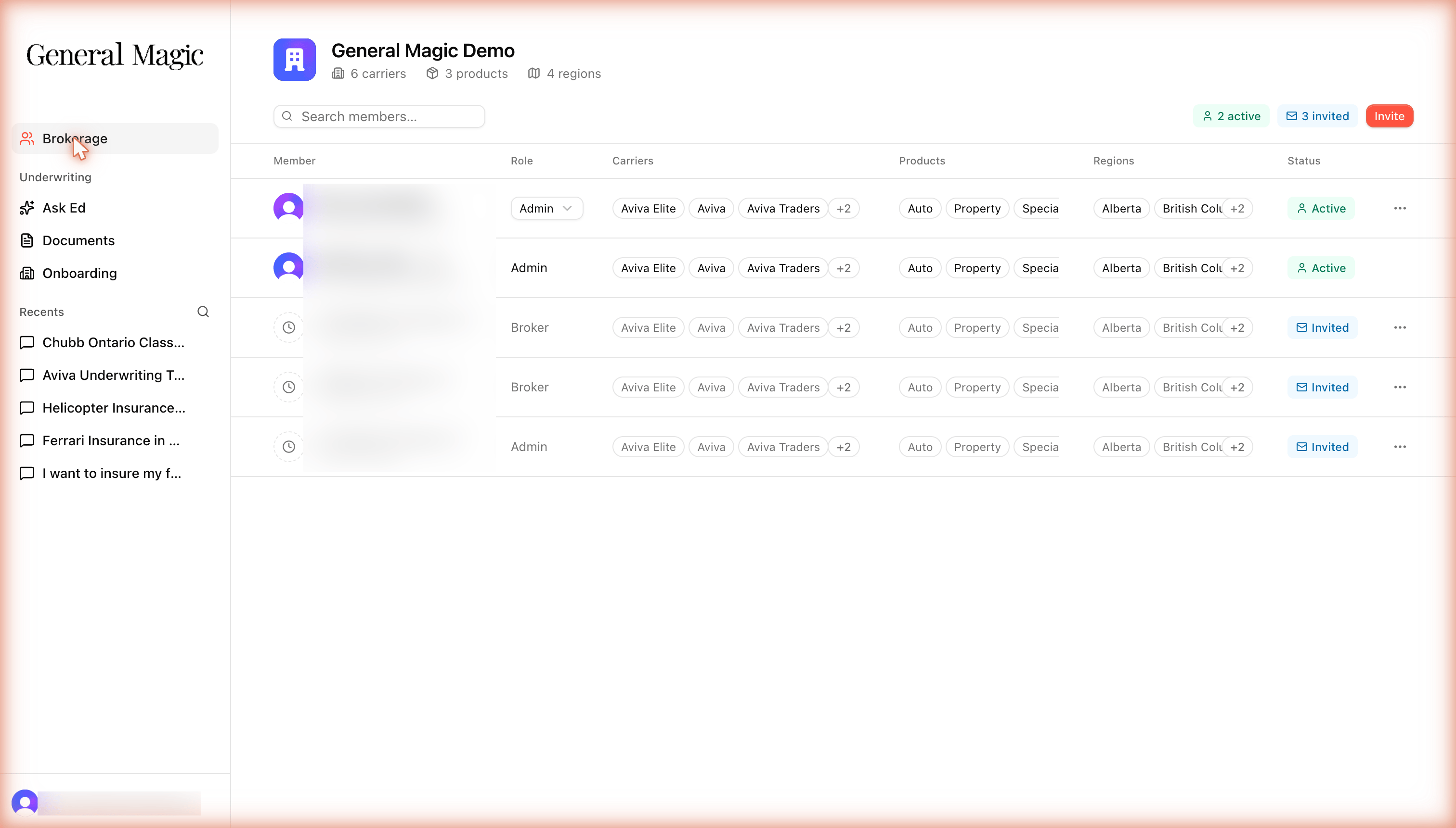 The Brokerage team screen showing members with roles and per-member carrier, product, and region access