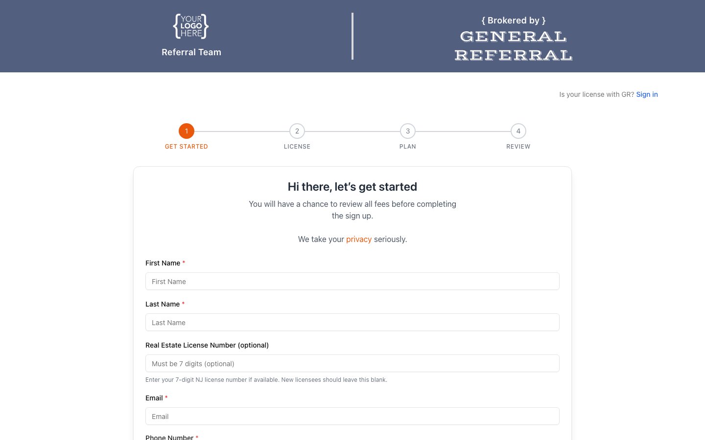 A branded team join page, with the team's logo and color in the header alongside 'Brokered by General Referral'