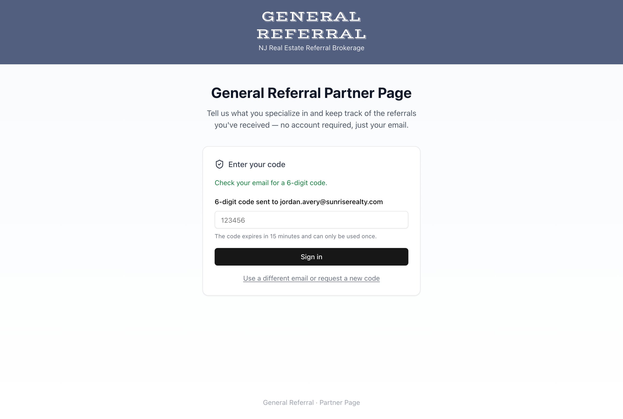 The Partner Page code entry step, asking for the 6-digit code sent to your email