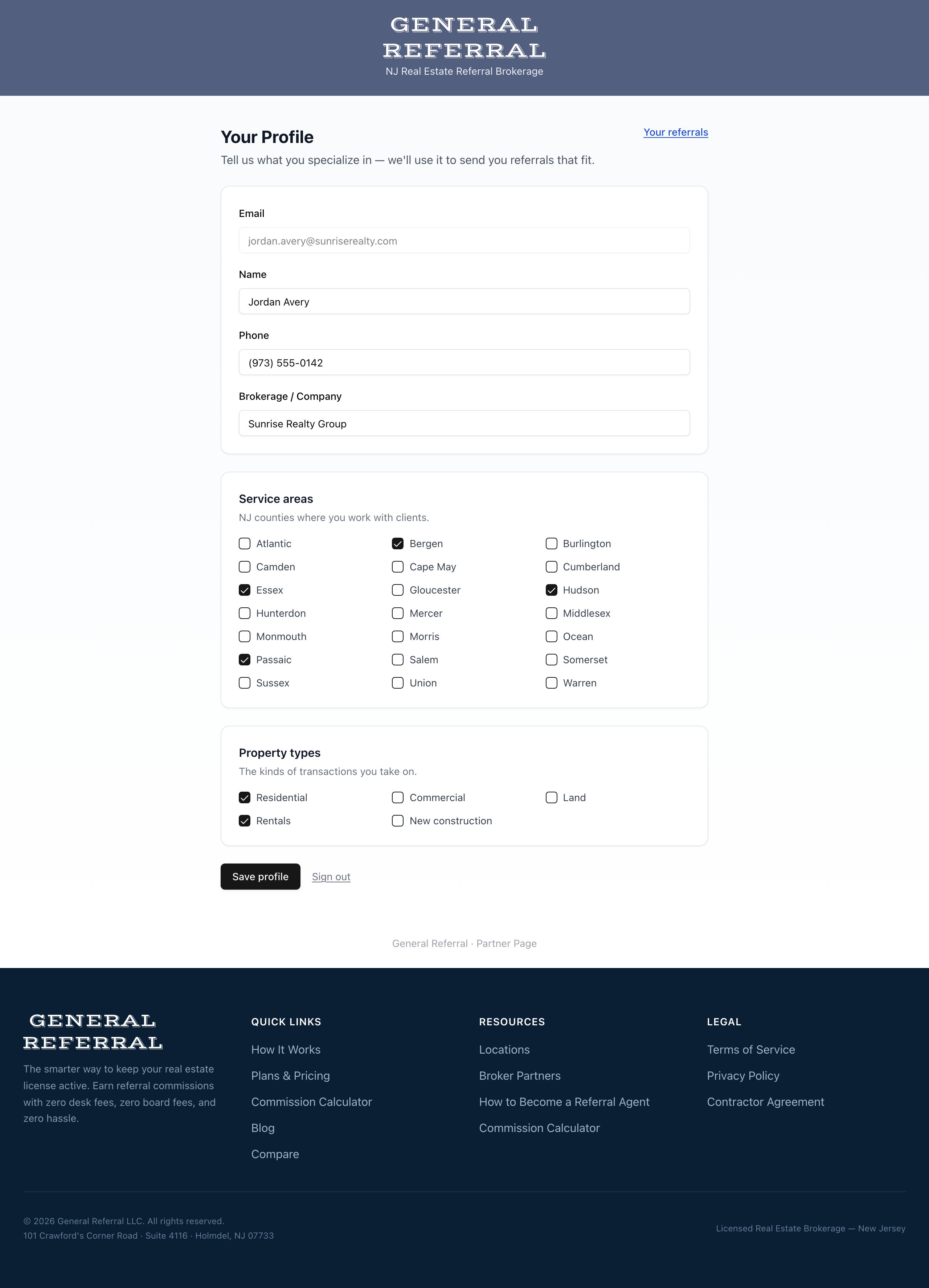 The partner profile form with fields for name, phone, company, New Jersey county service areas, and property type specialties