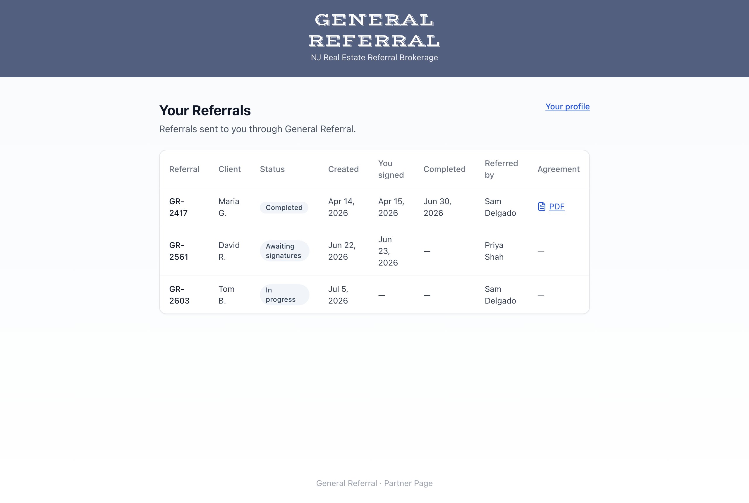 The partner referral log showing referral numbers, clients, statuses, dates, referring agents, and agreement downloads