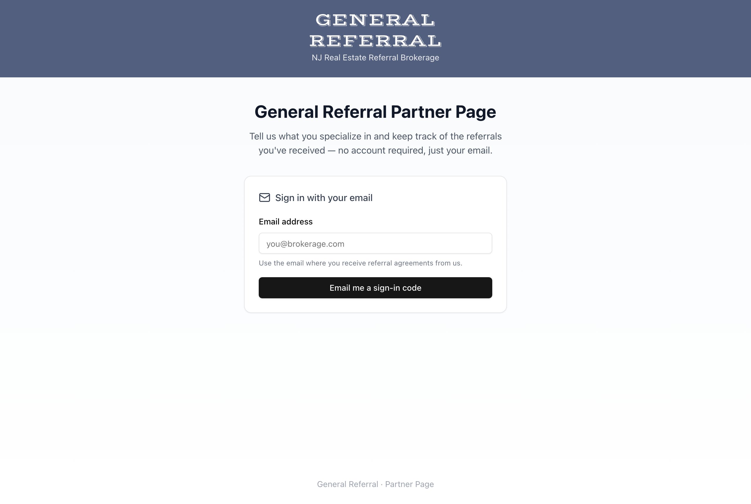 The General Referral Partner Page sign-in screen with a single email address field and an Email me a sign-in code button